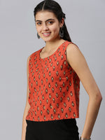 De Moza Womens Printed Crop Top Cotton Brick Red - De Moza