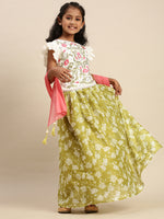 Pipin Girls Printed Lehanga Set Light Olive