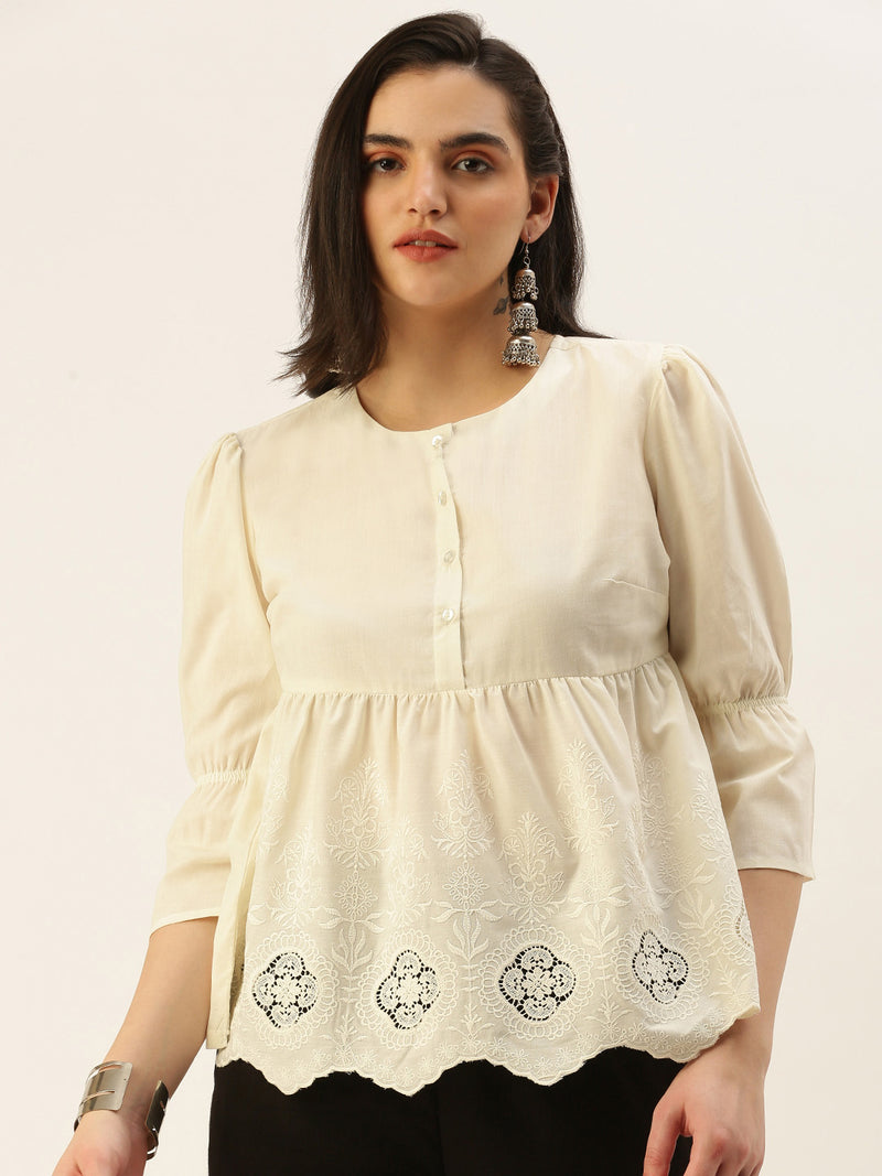 De Moza Women Sciffly Top Embroidery Cotton Offwhite - De Moza