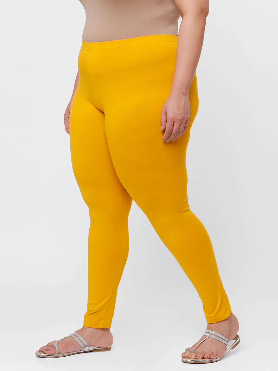 De Moza Ladies Plus Ankle Length Leggings Solid Cotton Mustard - De Moza