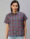 De Moza Women's Printed Half Sleeve Shirt Blue