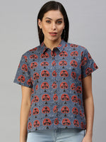 De Moza Women's Printed Half Sleeve Shirt Blue