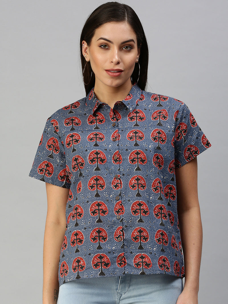De Moza Women's Printed Half Sleeve Shirt Blue