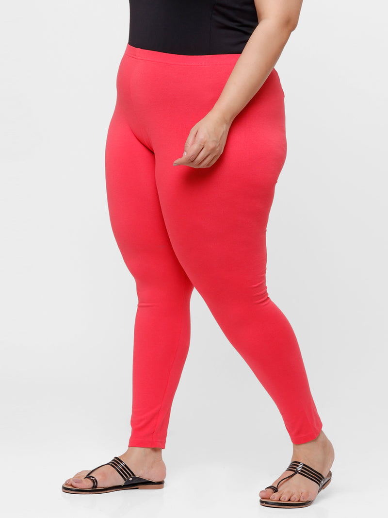 De Moza Ladies Plus Ankle Length Leggings Solid Cotton Coral - De Moza