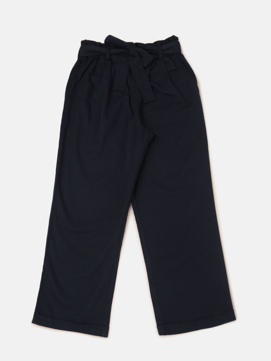 PIPIN Girls Paper Bag Pant Solid Cotton Navy Blue - De Moza