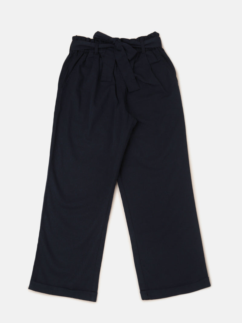 PIPIN Girls Paper Bag Pant Solid Cotton Navy Blue - De Moza