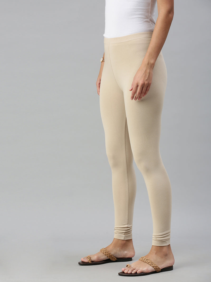 De Moza Ladies Ankle Length Leggings Solid Cotton Sand - De Moza