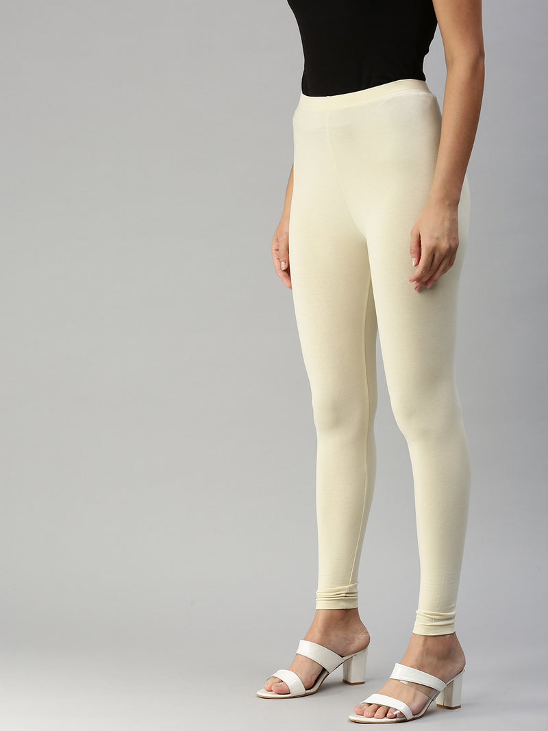 De Moza Women's Ankle Length Leggings Solid Viscose Ecru - De Moza