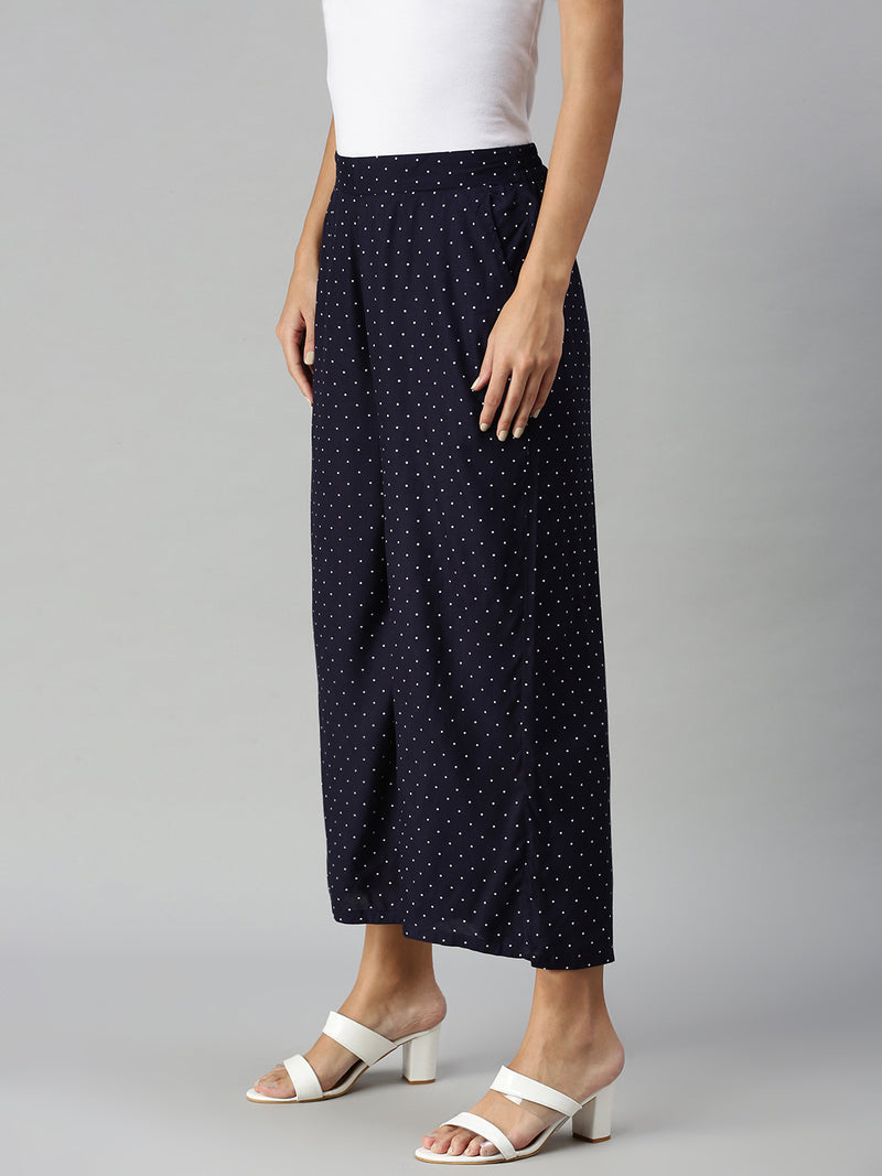 De Moza Ladies Printed Palazzo Rayon Navy Blue - De Moza