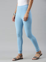De Moza Ladies Ankle Length Leggings Solid Cotton Sea Blue - De Moza