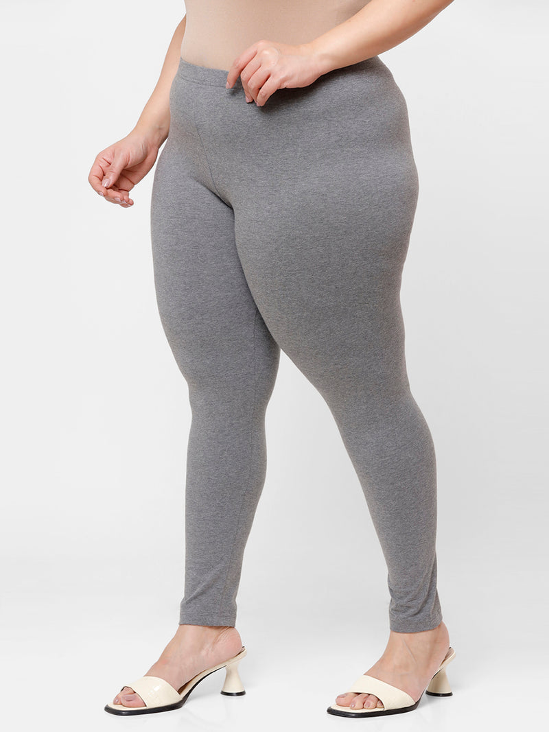 De Moza Ladies Plus Ankle Length Leggings Solid Cotton Anthra Melange - De Moza