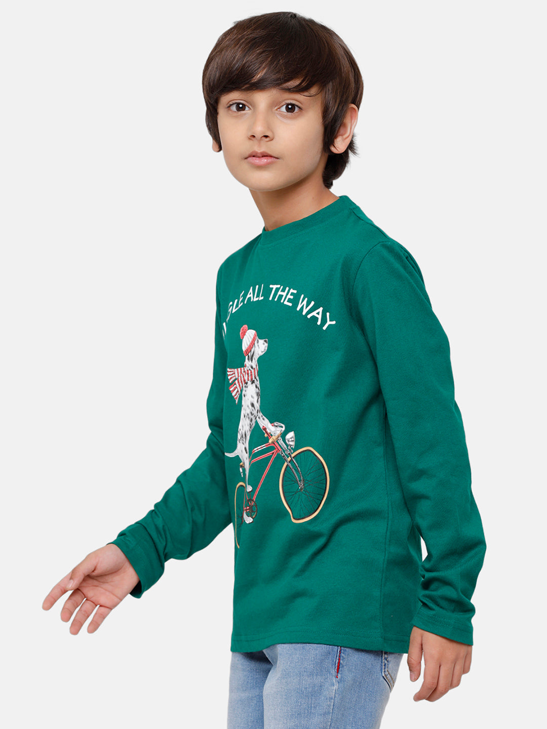 Kids - Boys Printed Full Sleeve T-Shirt Bottle green