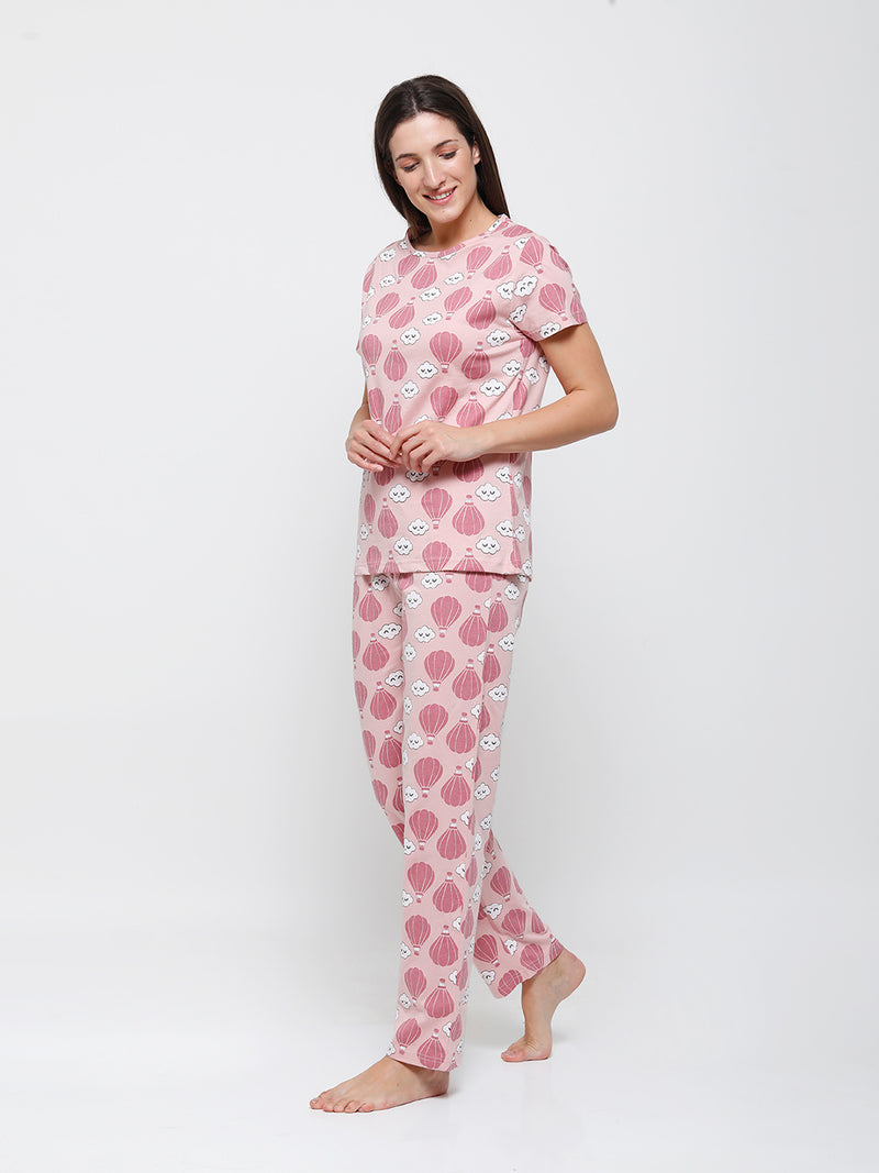 De Moza Ladies Printed Pyjama Set Silver Pink