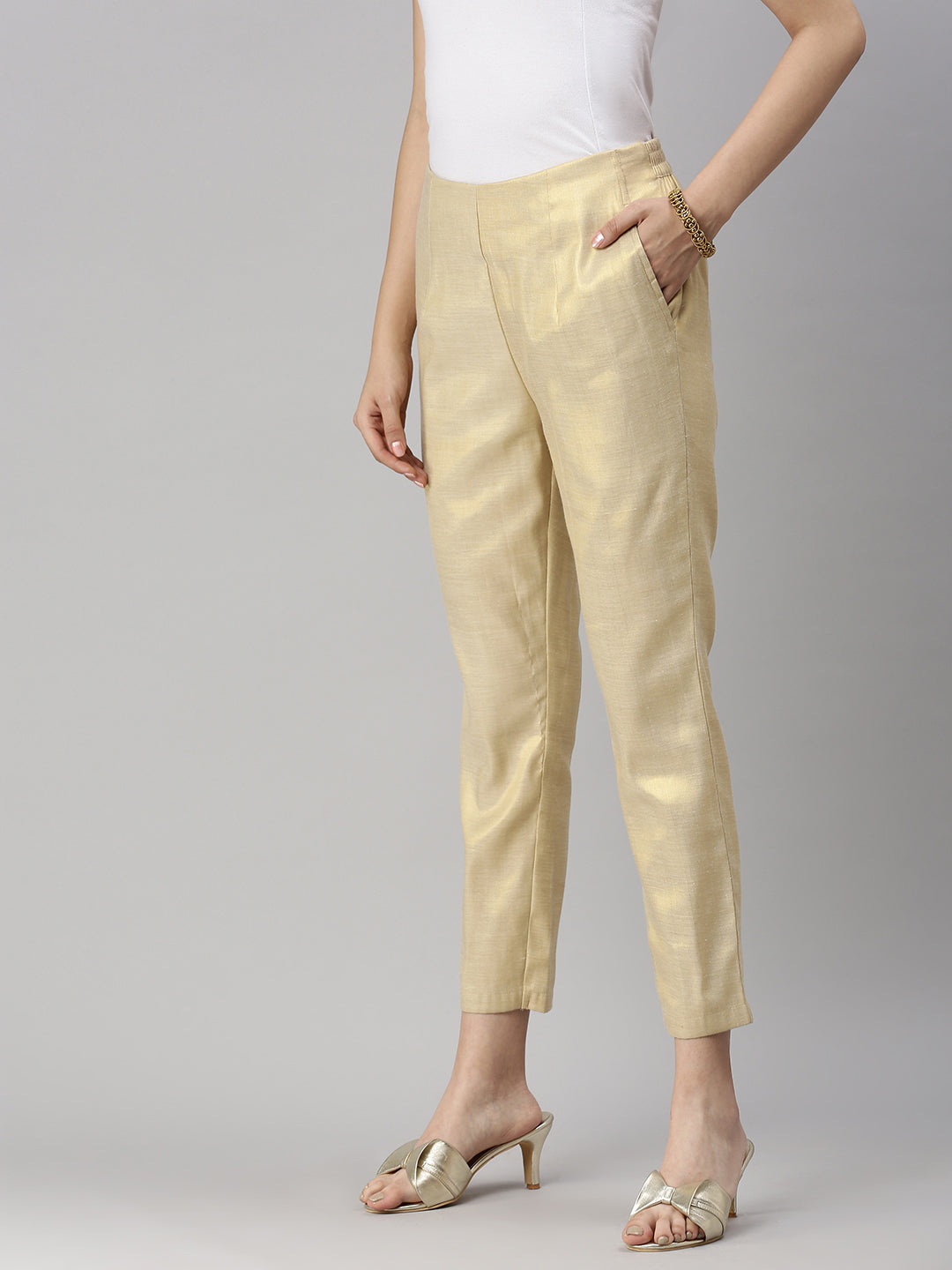 De Moza Womens Cigarette Pant Solid Polyester Gold - De Moza