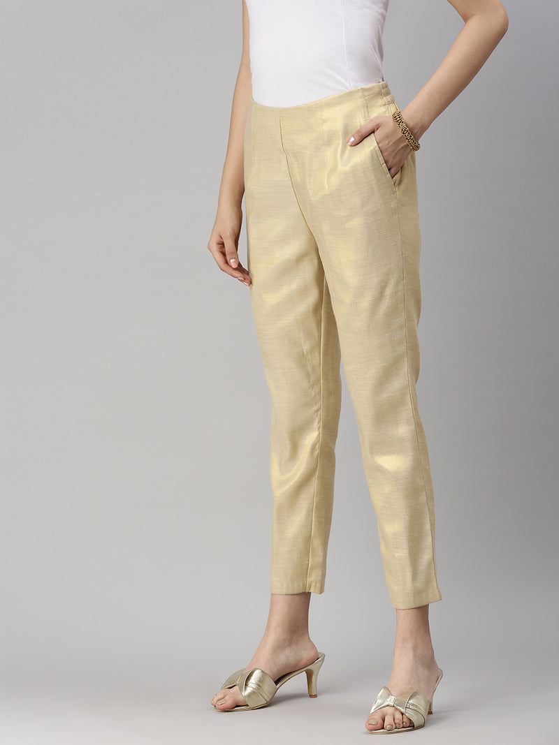 De Moza Womens Cigarette Pant Solid Polyester Gold - De Moza