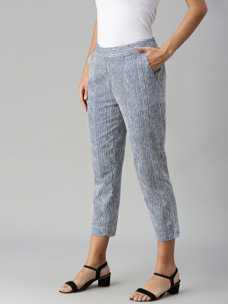 De Moza Ladies Printed Straight Pant Indigo Blue