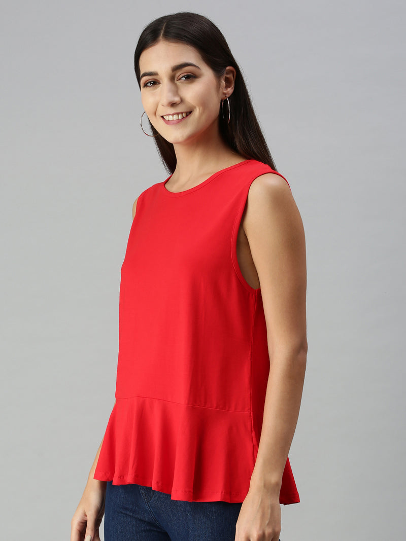 De Moza Ladies Peplum Top Solid Viscose Red - De Moza