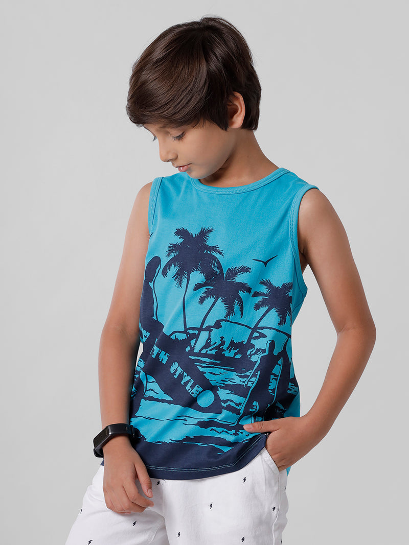 Kids - Boys Printed Sleeve Less T-Shirt Blue 