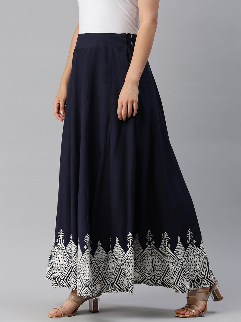 De Moza Women's Printed Ethnic Skirt Rayon Navy Blue - De Moza