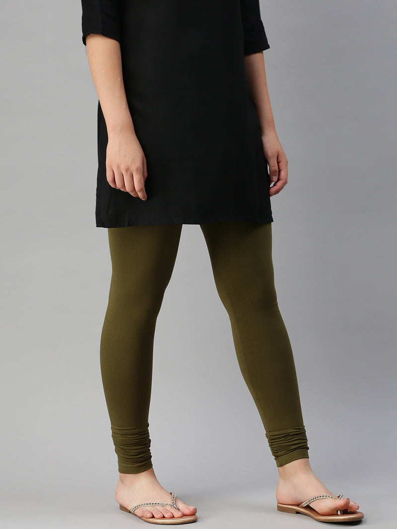 De Moza Women's Premium Churidhar Leggings Solid Cotton Olive Green - De Moza (6679540990015)
