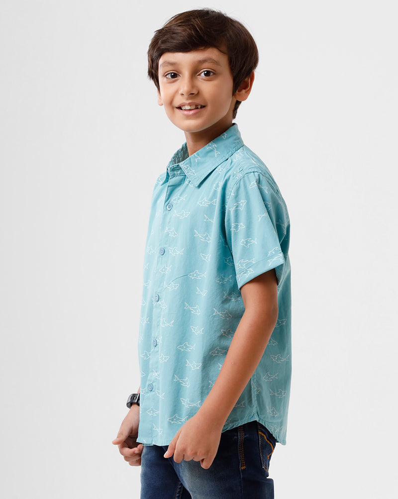 PIPIN Boys Shirt All Over Print Cotton Aqua - De Moza