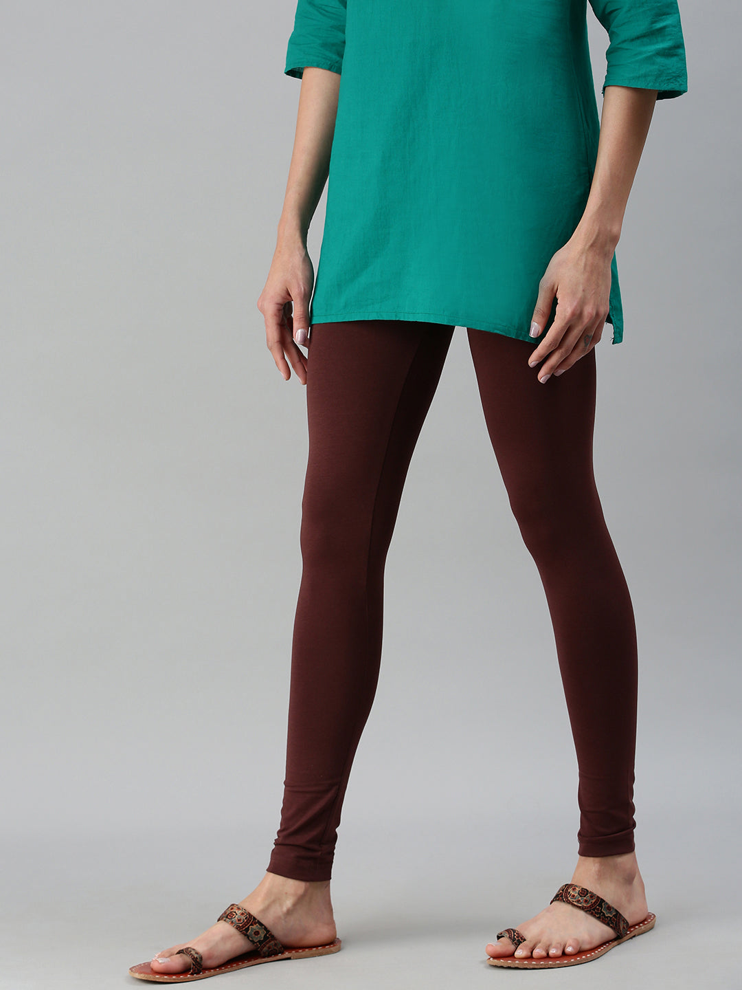 De Moza Ladies Ankle Length Leggings Solid Cotton Coffee Brown
