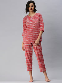 De Moza Ladies Printed Pyjama Set Dark Coral