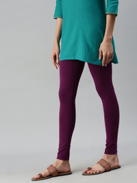 De Moza Ladies Ankle Length Leggings Solid Cotton Dark Purple - De Moza
