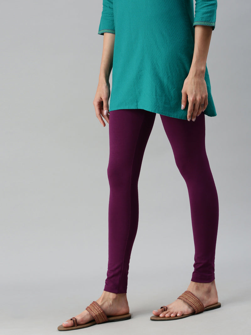 De Moza Ladies Ankle Length Leggings Solid Cotton Dark Purple - De Moza