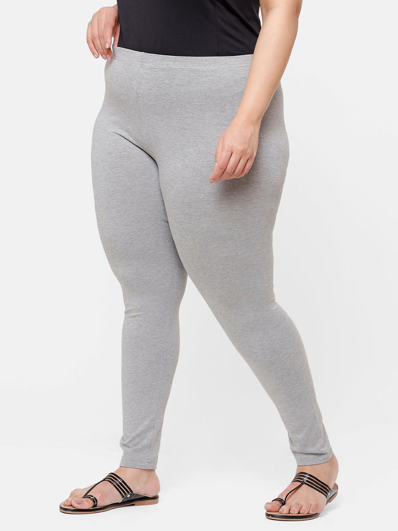 De Moza Ladies Plus Ankle Length Leggings Solid  Cotton Grey Melange - De Moza