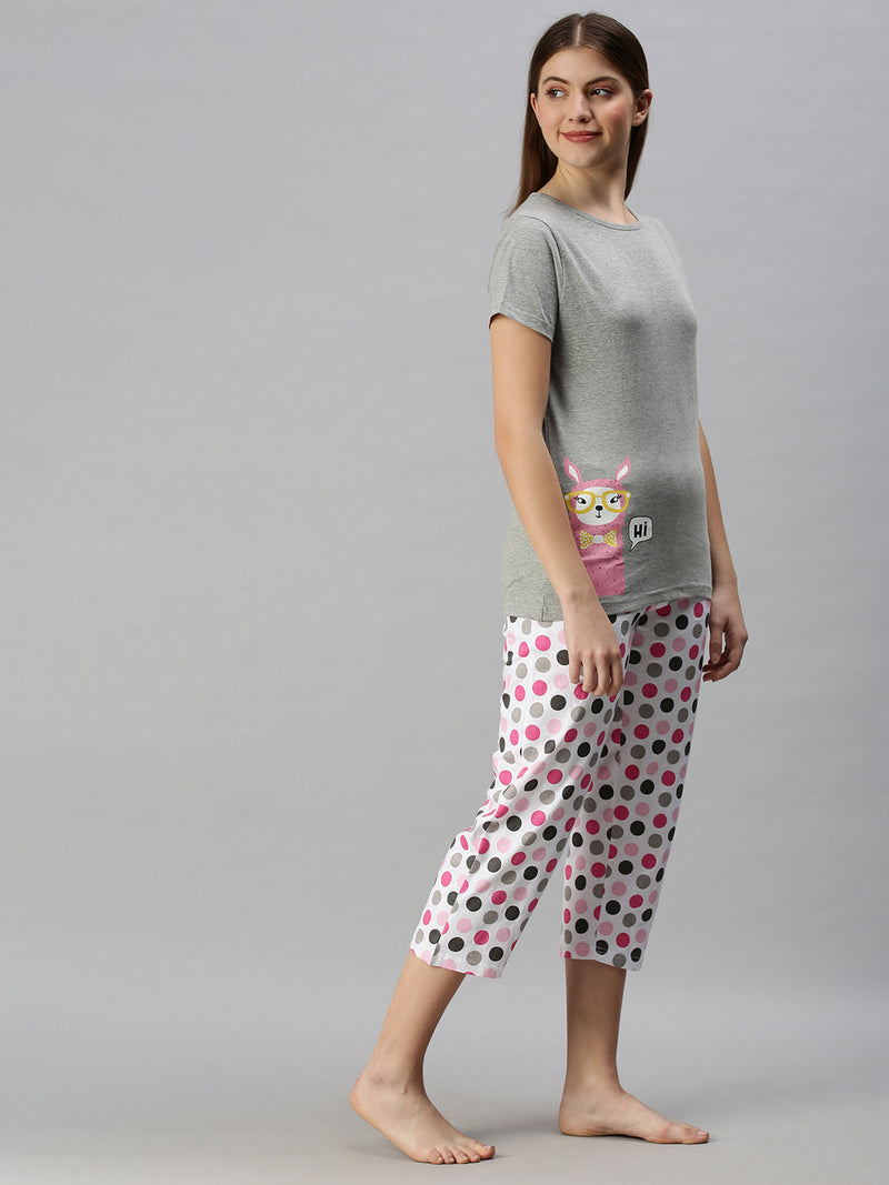 De Moza Ladies Printed Pyjama Set Grey Melange