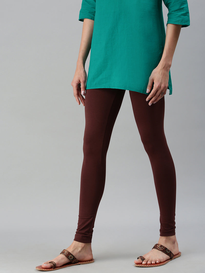 De Moza Ladies Ankle Length Leggings Solid Cotton Coffee Brown - De Moza