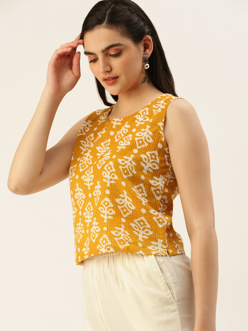 De Moza Women Printed Top Cotton Mustard - De Moza