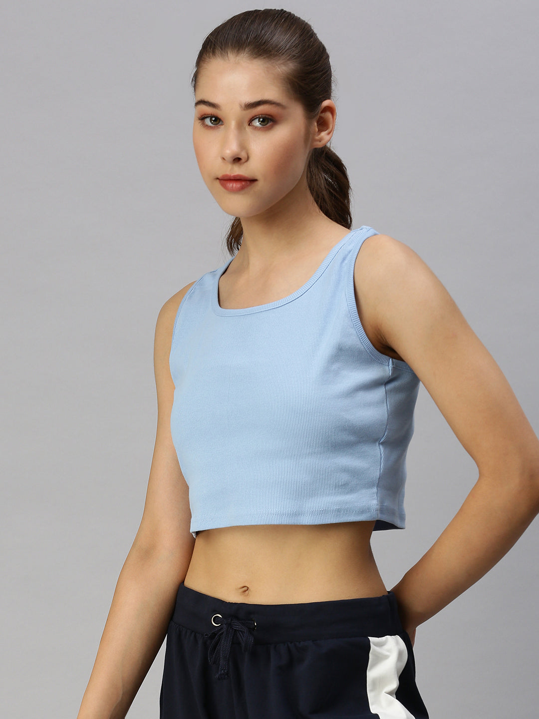 Ladies Rib Crop Top Powder Blue