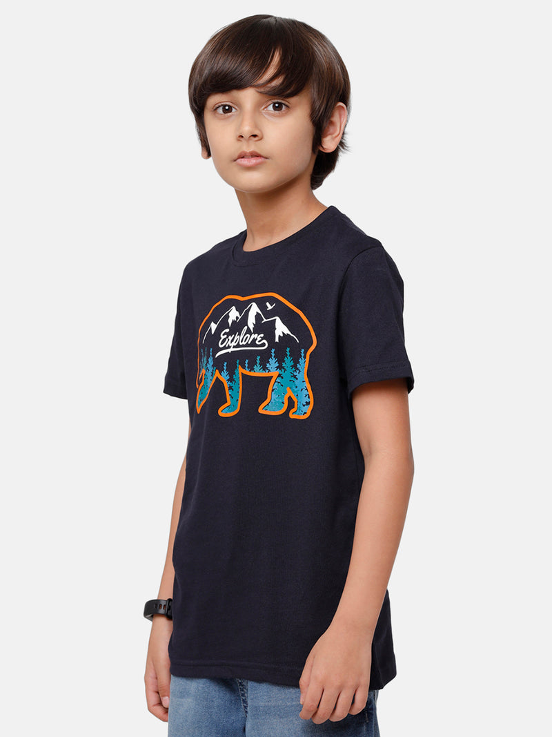 Kids - Boys Printed Half Sleeve T-Shirt Dark Navy Blue