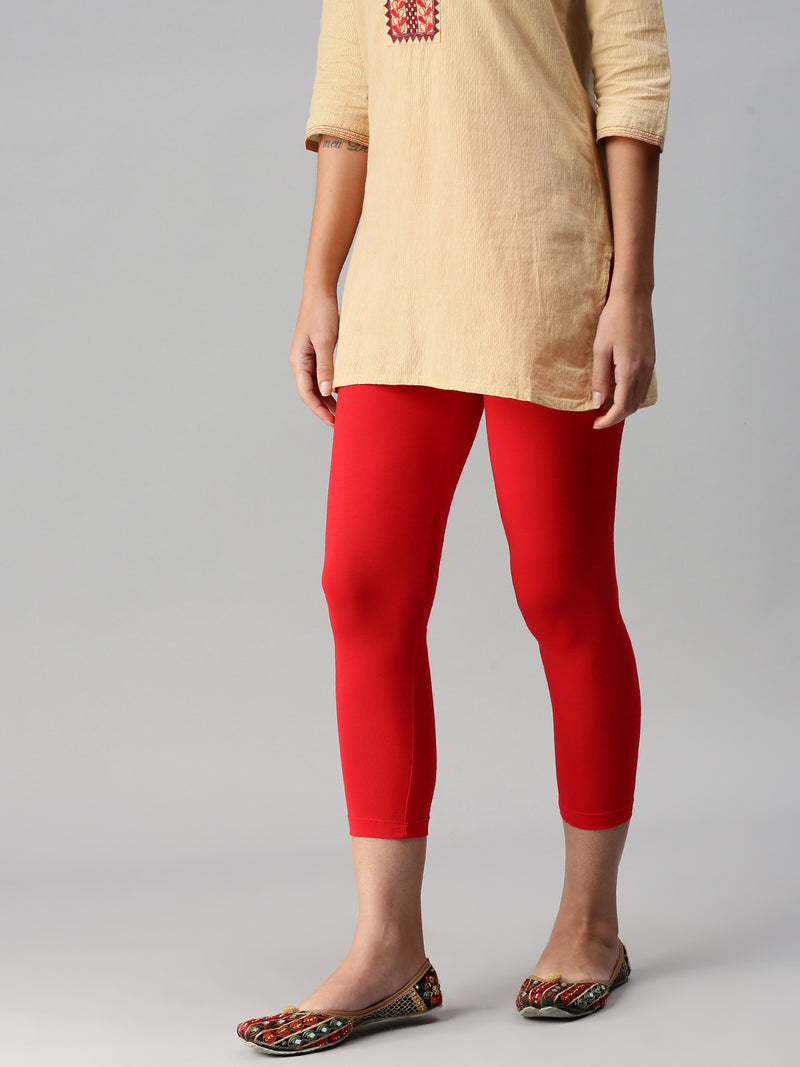 De Moza Ladies 3/4Th Length Leggings Solid Viscose Red - De Moza