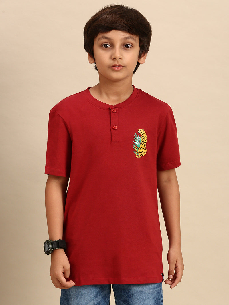 Kids - Boys Printed Half Sleeve T-Shirt Maroon