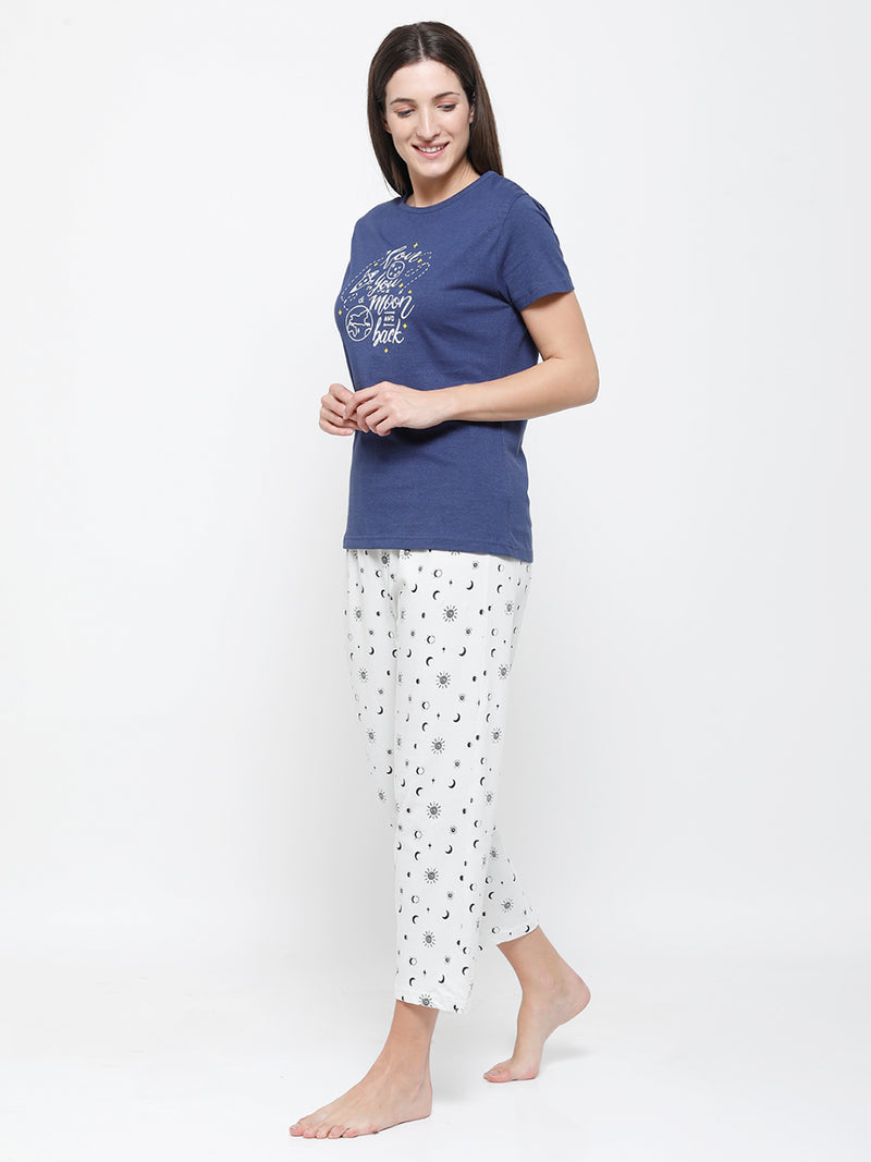 De Moza Ladies Printed Pyjama Blue Melange