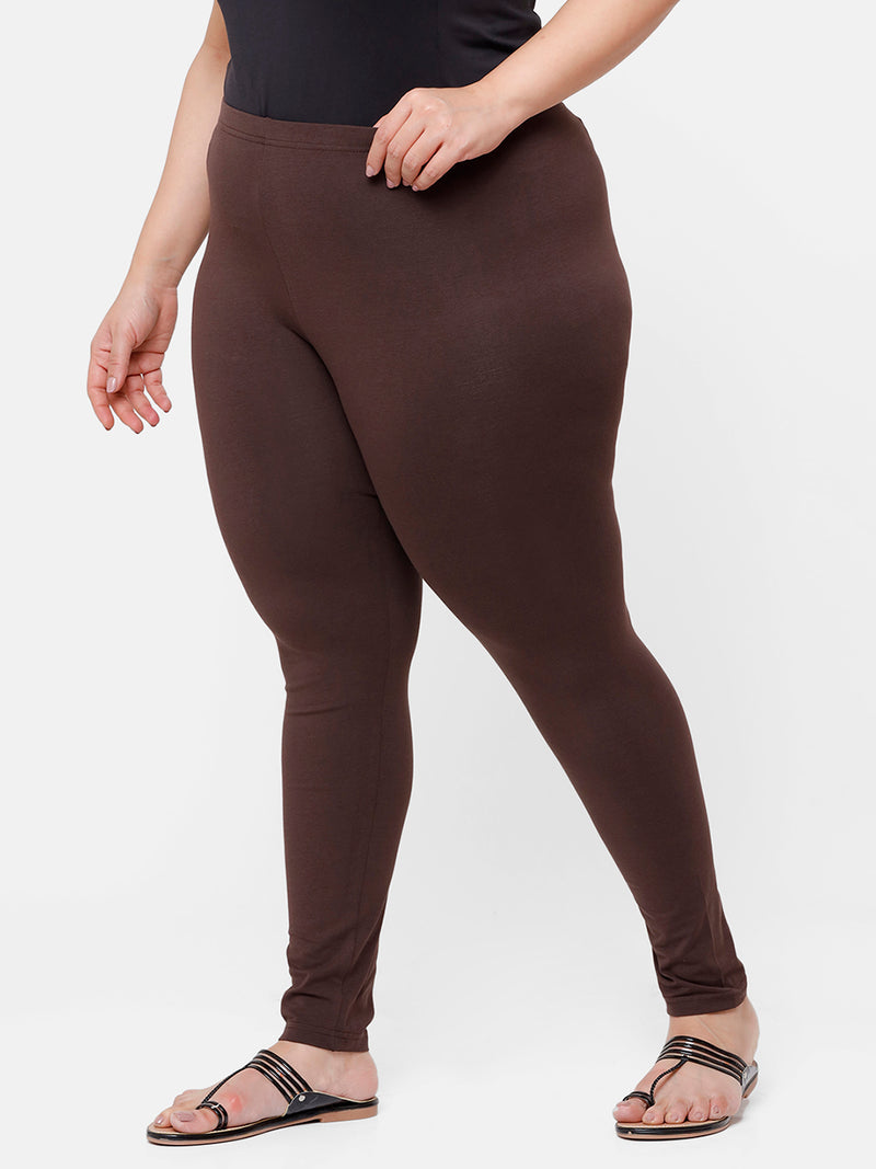 De Moza Ladies Plus Ankle Length Leggings Solid Cotton Brown - De Moza