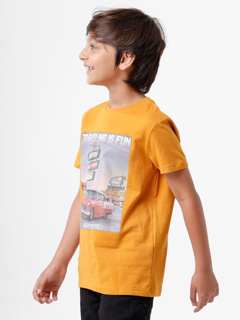 Kids - Boys Printed Half Sleeve T-Shirt Mustard