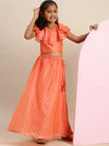Pipin Girls Printed Lehanga Set Dark Coral