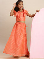 Pipin Girls Printed Lehanga Set Dark Coral