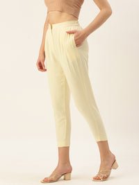 De Moza Women Casual Pant Solid Polyester Butter Yellow - De Moza