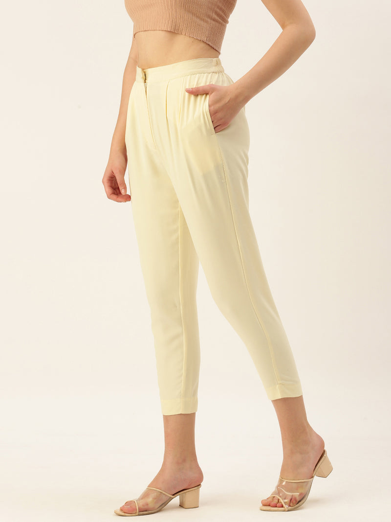 De Moza Women Casual Pant Solid Polyester Butter Yellow - De Moza