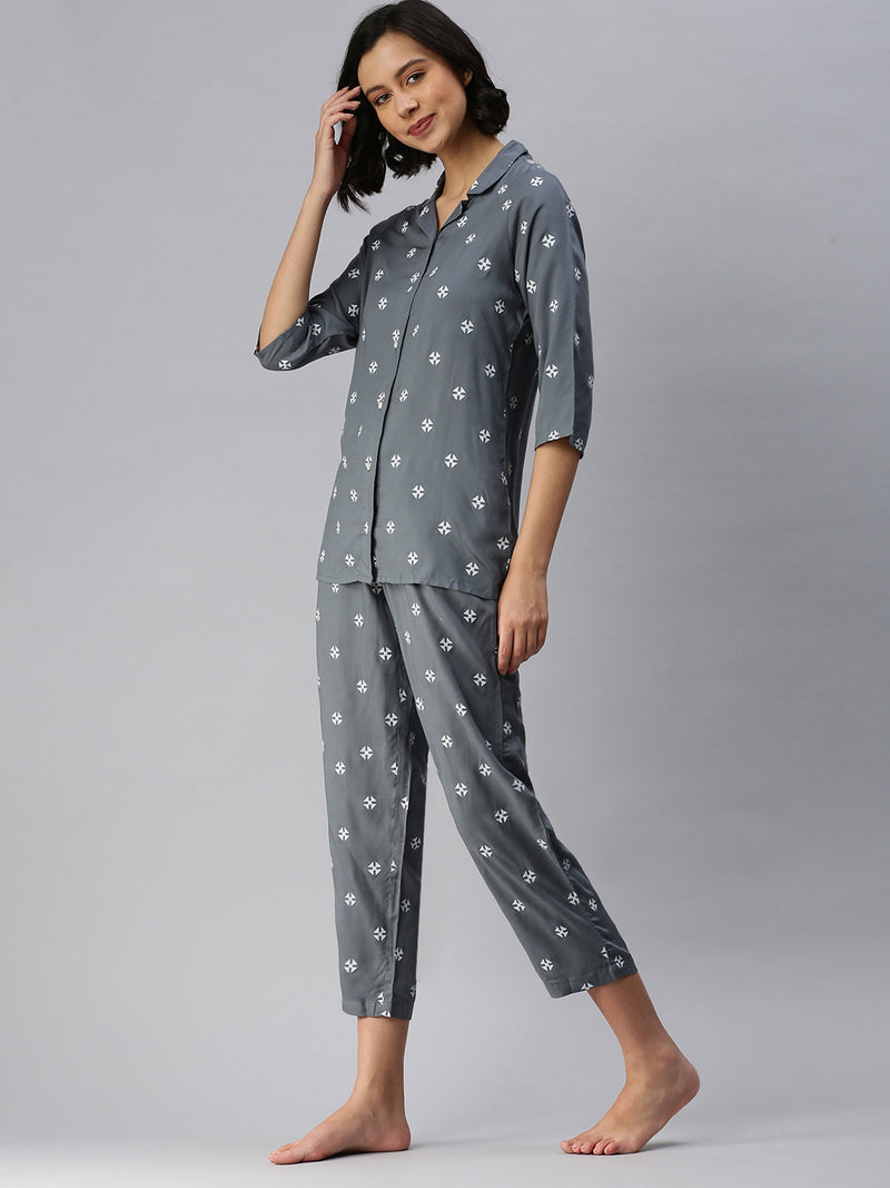 De Moza Ladies Printed Pyjama Set Grey