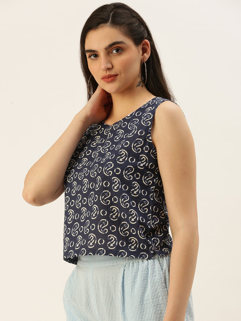 De Moza Women Printed Top Cotton Indigo - De Moza