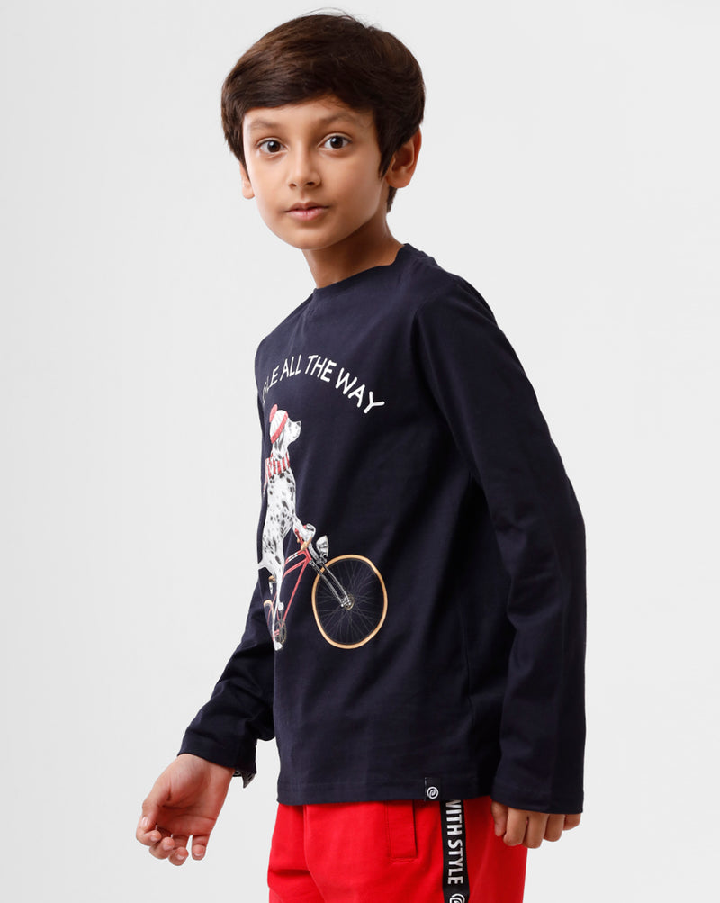 Kids - Boys Printed Full Sleeve T-Shirt Dark Navy Blue