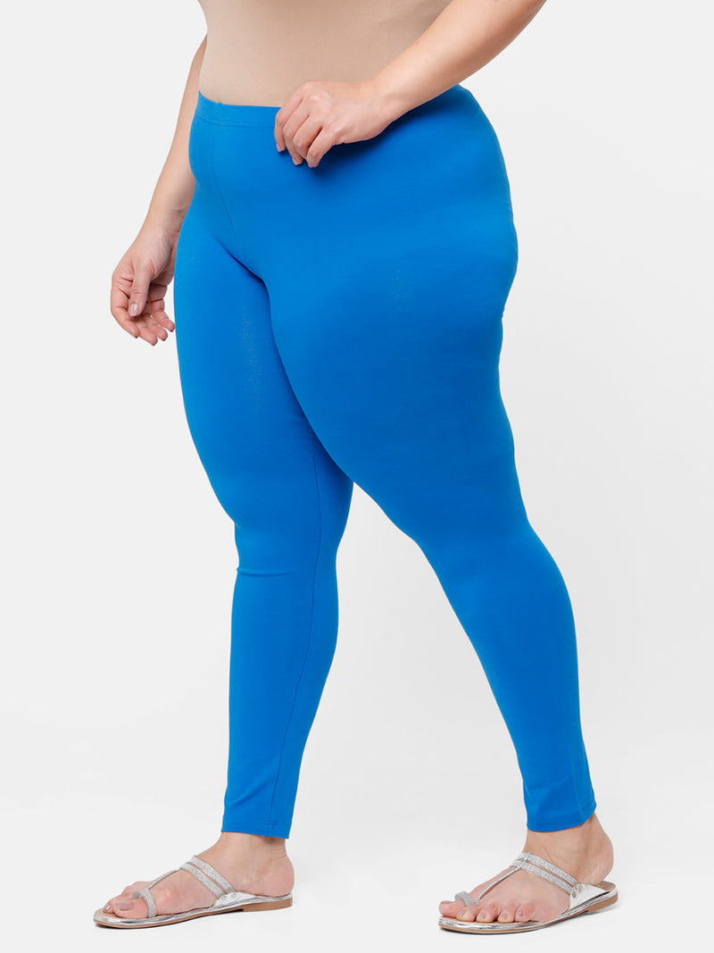 De Moza Ladies Plus Ankle Length Leggings Solid  Cotton Light Cobalt - De Moza