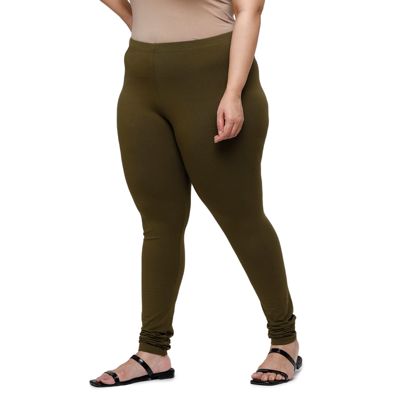 De Moza Women Plus Size Churidar Leggings Solid Cotton Olive Green