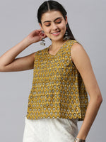 De Moza Womens Printed Peplum Top Cotton Mustard - De Moza